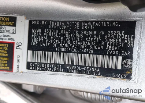 2014 Toyota Camry Hybrid Le from USA, damaged, VIN 4T1BD1FK3EU140728